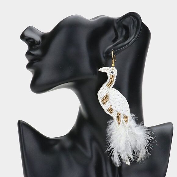 Bird White Seed Bead Feather Earrings - Picture 3 of 5